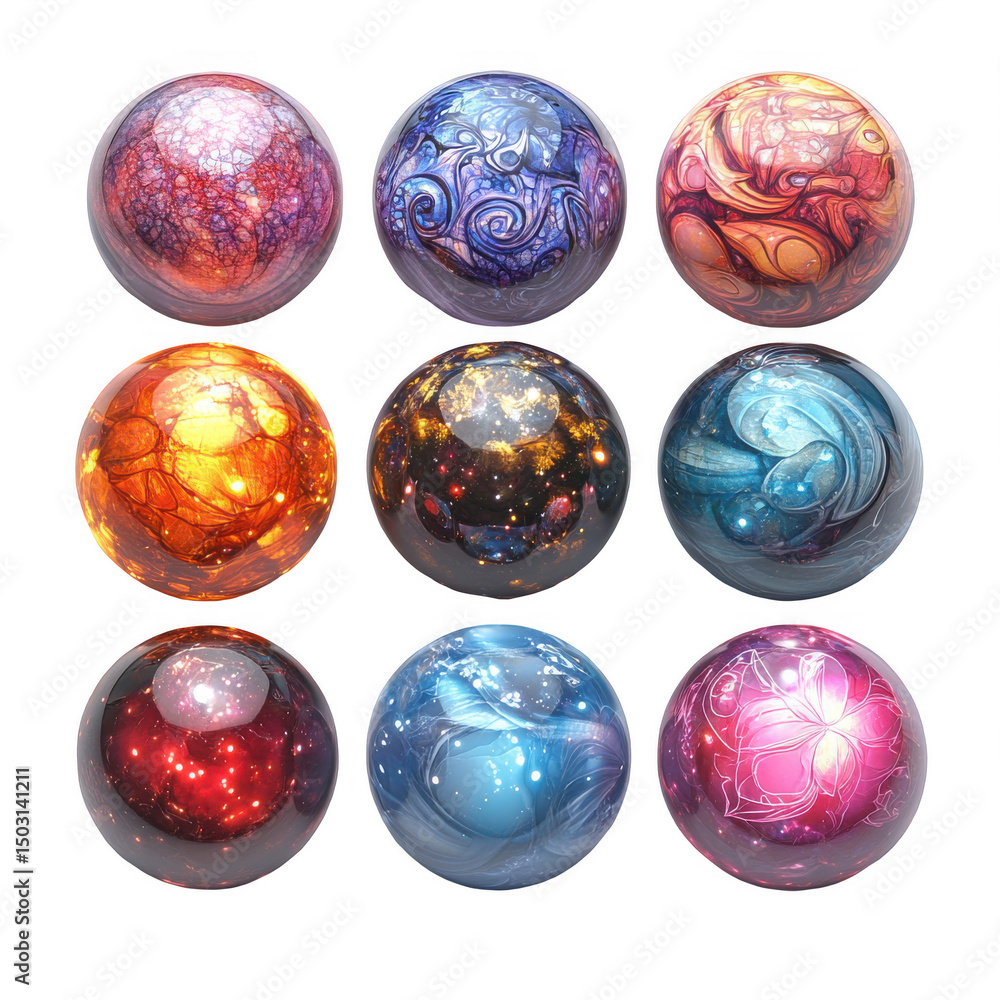 Nine decorative glass spheres isolated on transparent background Nine decorative glass spheres isolated on transparent background