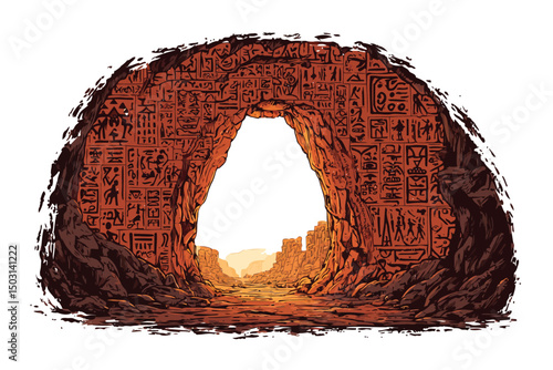 Torchlit View of Ancient Symbols on Cave Surface stone isolated