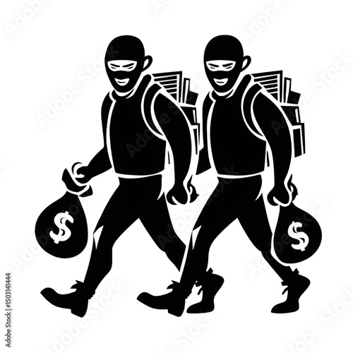 Cartoon Bank Robbers Illustration – Thief Clipart with Money Bags and Loot