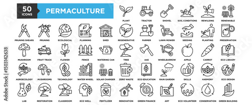 50 Permaculture icon set. Containing design organic, nature, permaculture, agriculture, garden, plant, green	