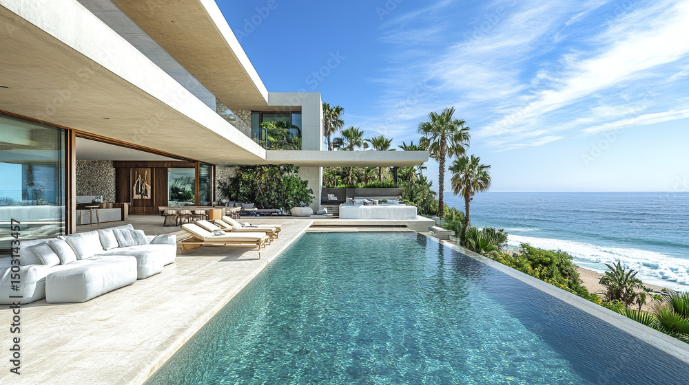 Fototapeta premium Luxurious oceanfront property with stunning pool and palm trees, perfect for relaxation