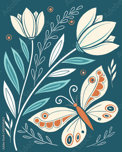 Abstract seamless floral pattern with ornate butterflies and decorative leaf elements