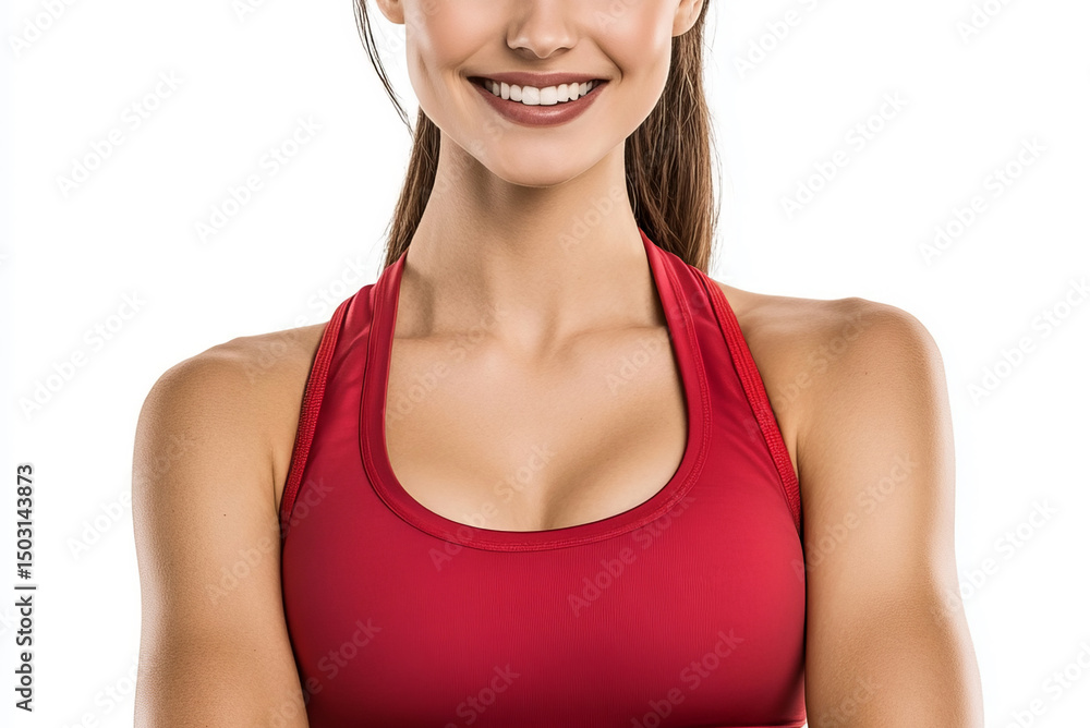beautiful, fit woman smiles wearing a red sportswear outfit beautiful, fit woman smiles wearing a red sportswear outfit