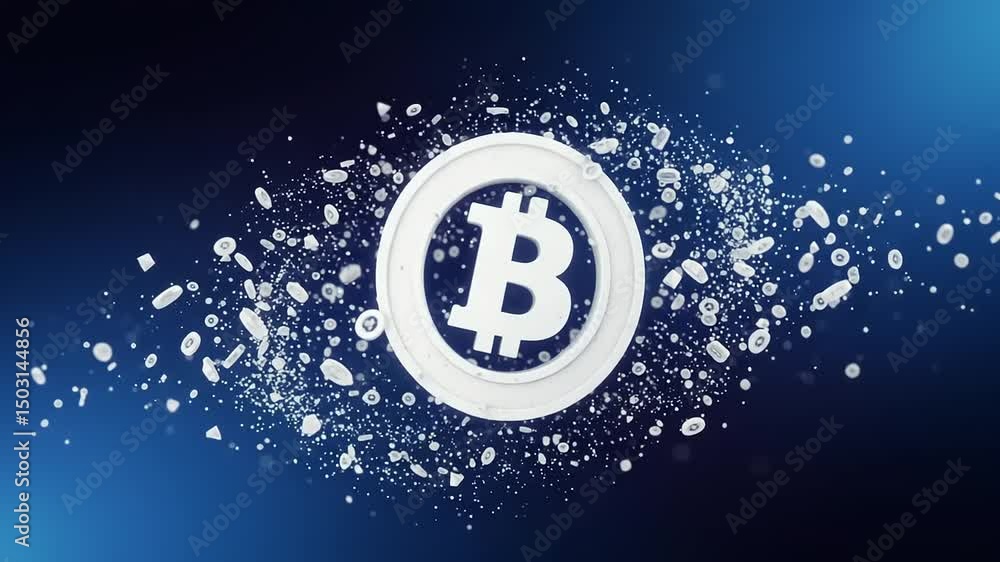 Bitcoin logo with dynamic splashes on blue background Bitcoin logo with dynamic splashes on blue background