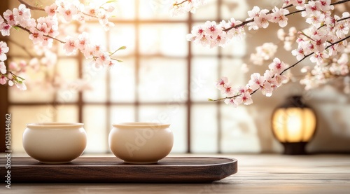 Cherry blossoms, teacups, serene, zen