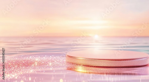 Rose gold podium on a pink water sunset background