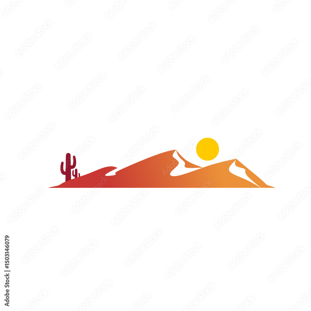 Fototapeta premium Gradient Landscape Desert Cactus and Sun Simple Modern Flat Illustration