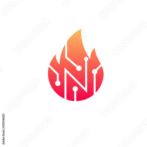 Abstract Geometric Fire Flame Circuit Board Technology Style Logo Symbol