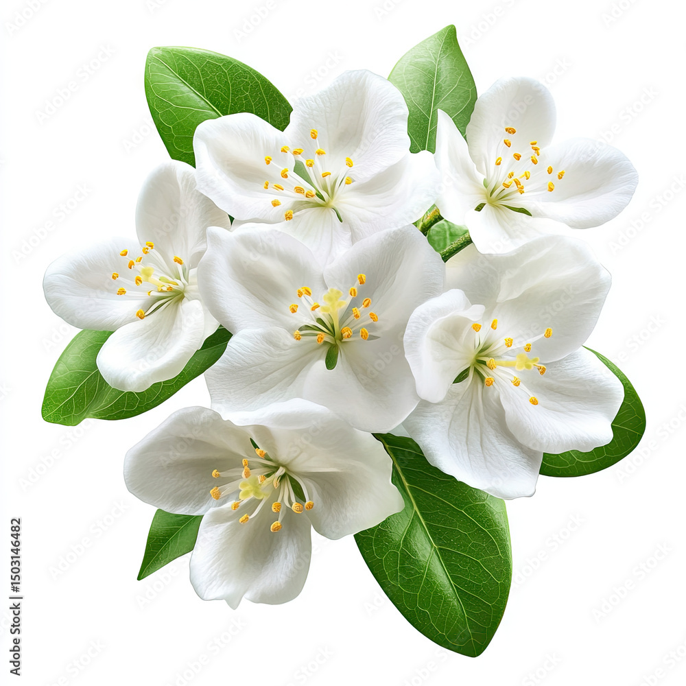 Obraz premium Close-up of a cluster of white blossoms with green leaves