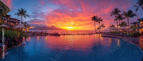 Panoramic sunset view at luxury Hawaiian resort with palm trees, poolside lounge, vibrant sky, and ocean horizon backdrop