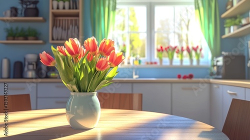 A bouquet of tulips in a light blue vase on a wooden table in a bright kitchen.