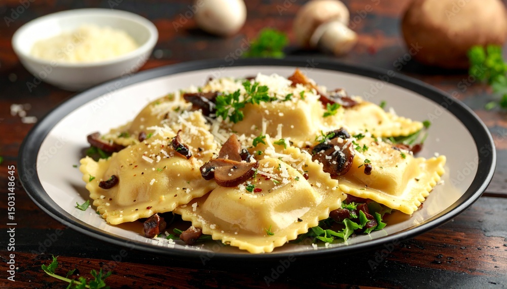 Ravioli with truffle oil, mushroom cream, and parmesan crisp — cream, brown, white. Ravioli with truffle oil, mushroom cream, and parmesan crisp — cream, brown, white.