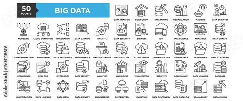 50 Big Data icon set. Containing design digital, technology, data, network, science	