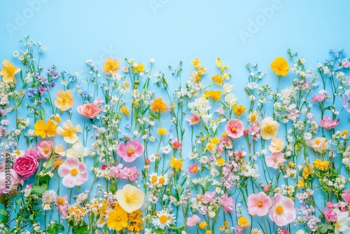 Pastel spring flowers arranged in border on blue background, flat lay composition for seasonal banner, card, or floral design
