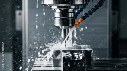 Metal Milling Machine Cutting with Water Cooled Drill Slow Motion