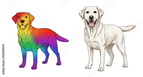 Colorful rainbow labrador retriever and classic yellow lab illustration
