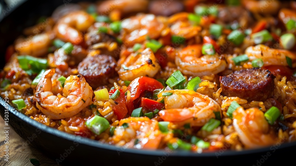 Delicious shrimp and sausage dish with rice. Delicious shrimp and sausage dish with rice.