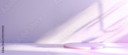 Elegant round podium bathed in soft purple light, with natural shadows creating a dreamy, minimalist ambiance. Perfect for luxury product display and branding