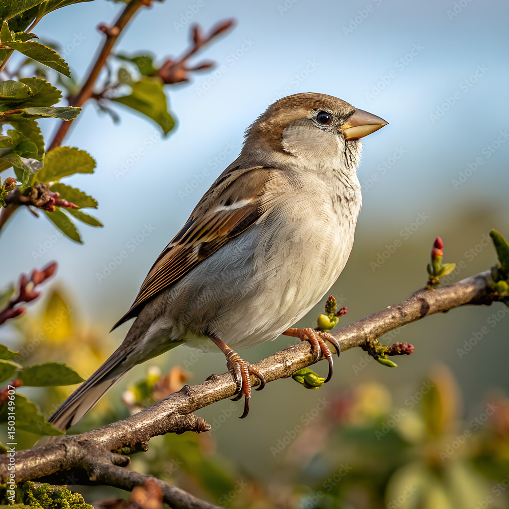 Fototapeta premium Single Sparrow Bird Perched on Branch in Natural Outdoor Setting