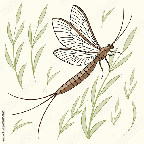 Vector of a Mayfly with Delicate Wings and Long Tail in Scientific Entomology Illustration Style

