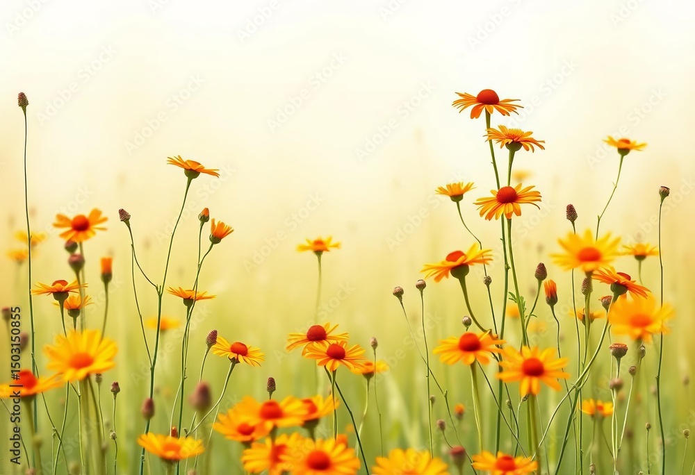 Obraz premium Vertical watercolor painting of orange wildflowers in a field, central space left empty, orange field, wildflower