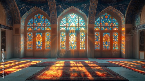 Stained glass windows illuminating a mosque interior.
