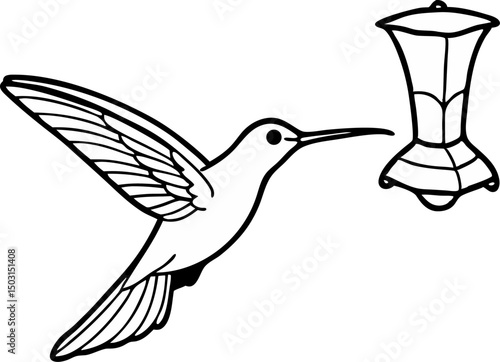 Hummingbird At Feeder Line Art Vector Illustration