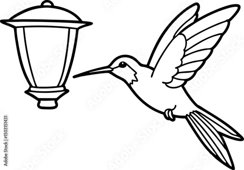 Hummingbird At Feeder Line Art Vector Illustration