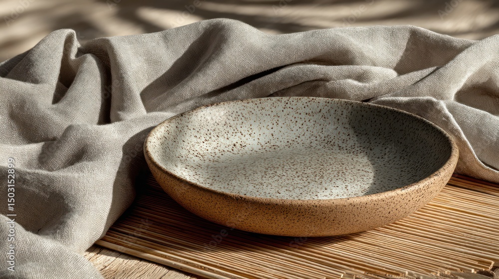 Elegant ceramic plate display on natural linen home decor still life soft lighting minimalist concept Elegant ceramic plate display on natural linen home decor still life soft lighting minimalist concept