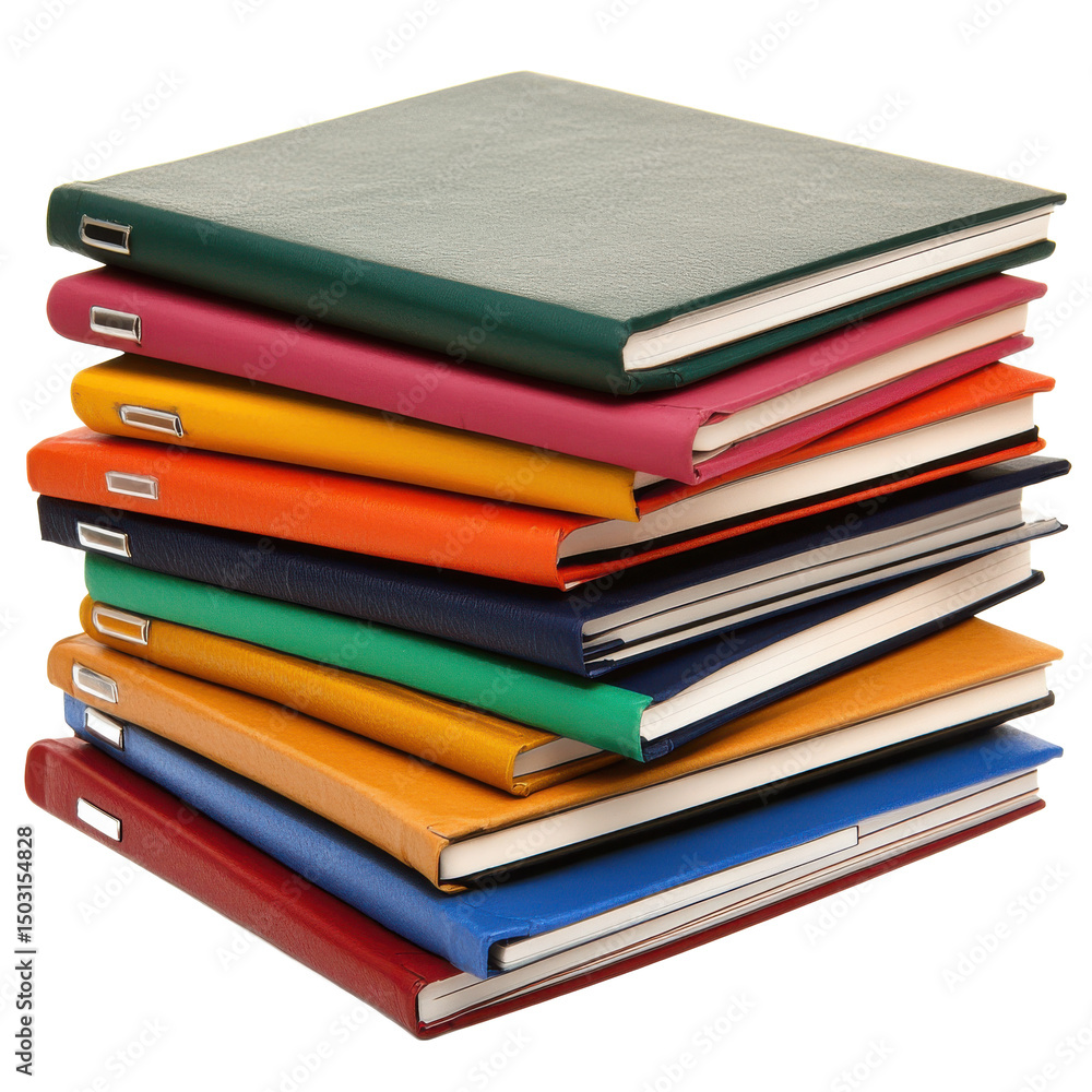 Stack of colorful hardcover notebooks on white background Stack of colorful hardcover notebooks on white background