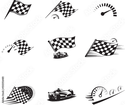 Racing Vector Set: Checkered Flags, Speedometers, and Race Cars on white background