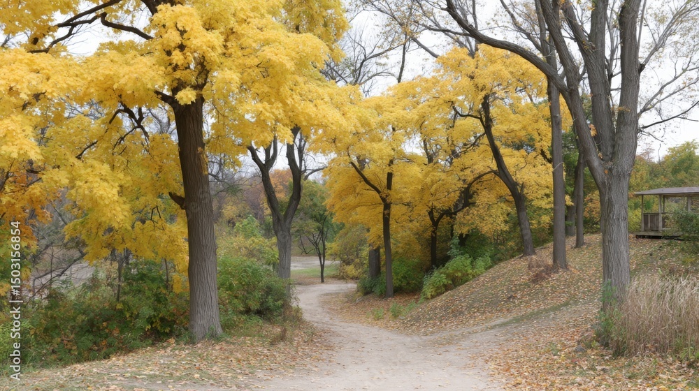 Naklejka premium Autumn foliage walk park path nature scene tranquil environment ground level seasonal beauty