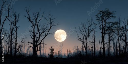 Full moon glowing softly through dead trees at dusk with subtle shadowy forest atmosphere