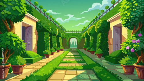 A perfectly trimmed green yard enclosed by walls lush with climbing ivy and ferns