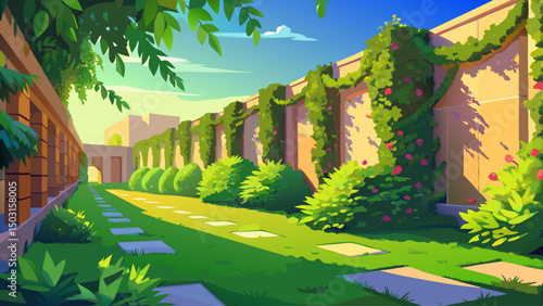 Walls alive with climbing plants embrace a yard of flawless green grass under soft sunlight