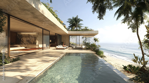 Modern oceanfront property with serene pool and tropical surroundings  perfect for relaxation