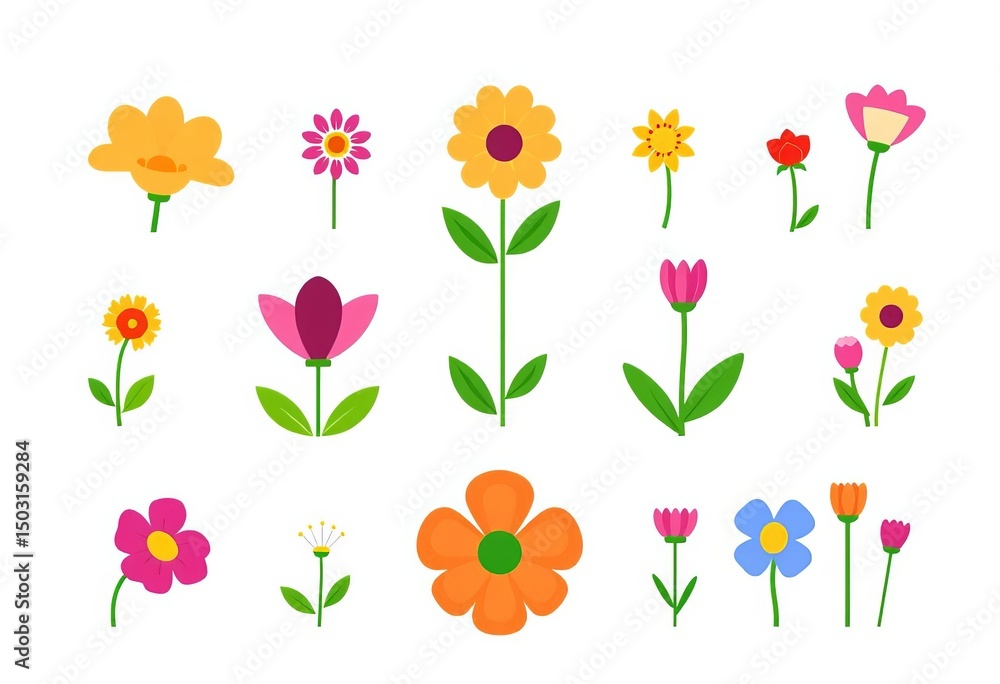 Obraz premium Vibrant flat-style flower icons, isolated on white Perfect for spring designs, summer icons, flower design