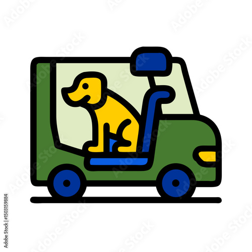 Service animal ride icon featuring a yellow dog in a green vehicle, promoting transportation options for service animals