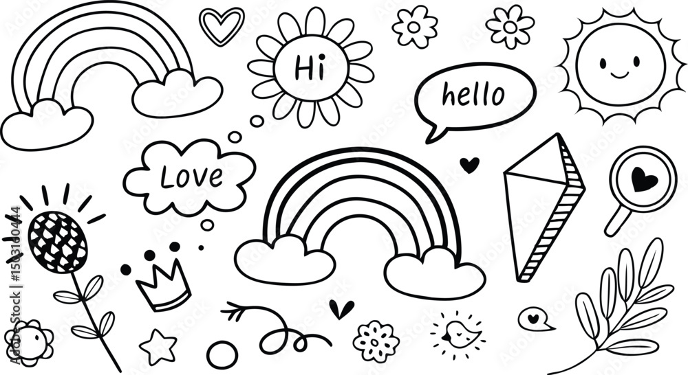 Fototapeta premium cute hand drawn doodle vector set,a seamless vector doodle illustration in black and white. love, Natural , firework, cloud, weather, rainbow, snow, heart and creative design vector collection.