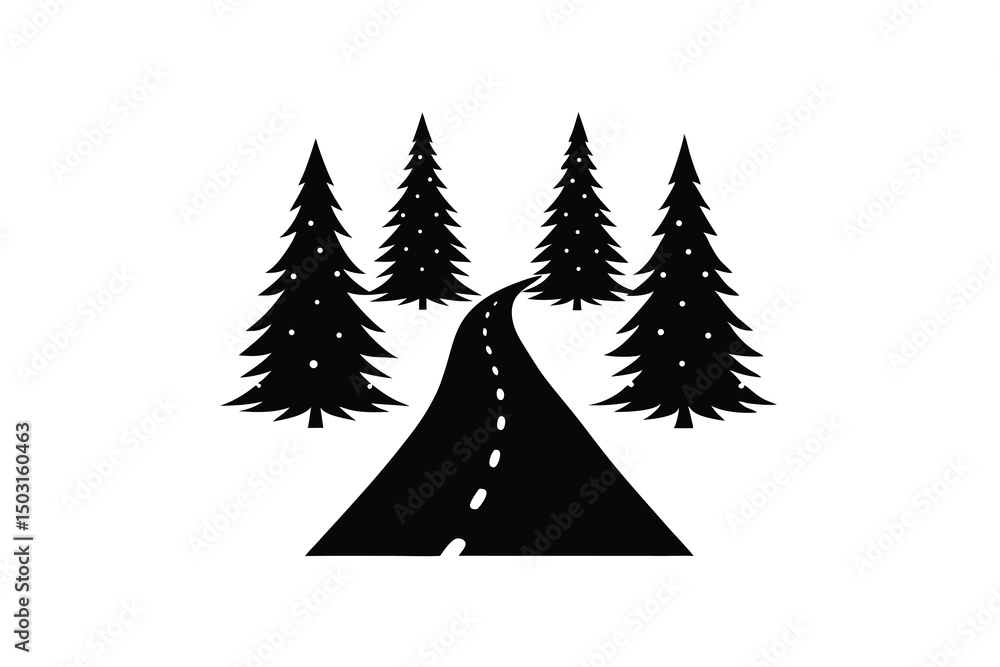 Obraz premium Winding road through snowy evergreen forest winter scene