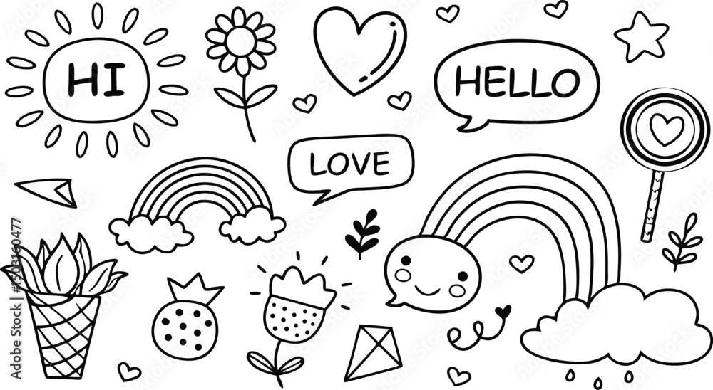 cute hand drawn doodle vector set,a seamless vector doodle illustration in black and white. love, Natural , firework, cloud, weather, rainbow, snow, heart and creative design vector collection. cute hand drawn doodle vector set,a seamless vector doodle illustration in black and white. love, Natural , firework, cloud, weather, rainbow, snow, heart and creative design vector collection.