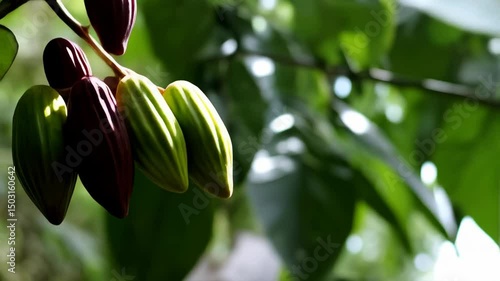 Close up of cocoa fruit flower blooming on a branch with green leaves in a tropical setting and brown cacao pod.