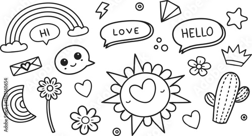cute hand drawn doodle vector set,a seamless vector doodle illustration in black and white. love, Natural , firework, cloud, weather, rainbow, snow, heart and creative design vector collection.