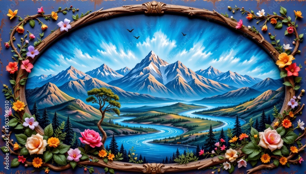Obraz premium artistic wall art featuring a scenic landscape with majestic mountains and serene rivers, arranged in a circular pattern with hand painted elements on a vivid color palette