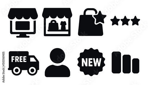 Storefront icon silhouettes set – simple, shop and retail symbols for business use