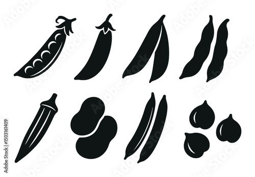Podded vegetables silhouette icons set – simple, legumes and garden symbols