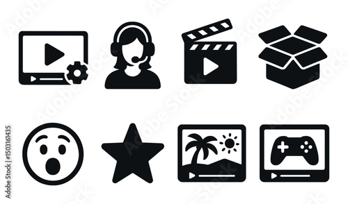 Video and media silhouette icons set – simple, compose and digital symbols