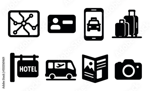 City travel silhouette icons set – transportation, luggage and hotel booking symbols