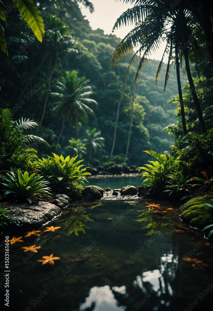 Naklejka premium tropical jungle with palm trees in thailand