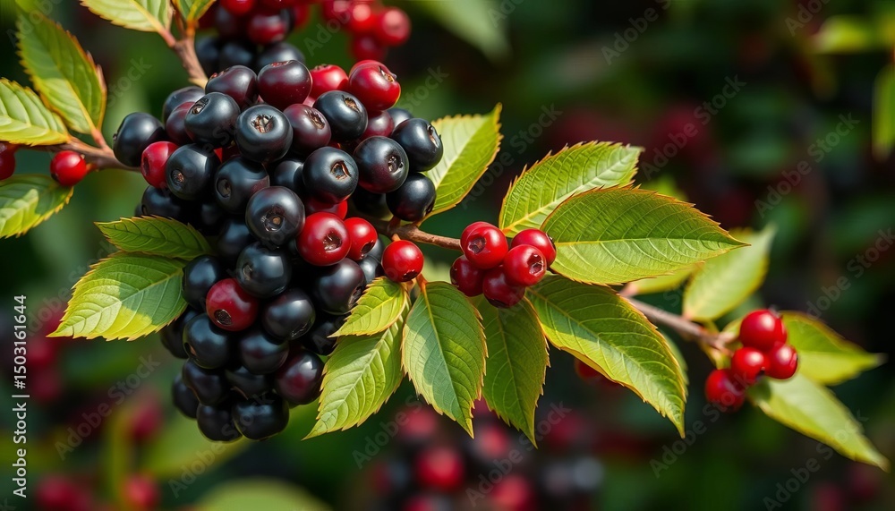 Vibrant fresh aronia berries and leaves cluster on a branch, fruit, fresh Vibrant fresh aronia berries and leaves cluster on a branch, fruit, fresh